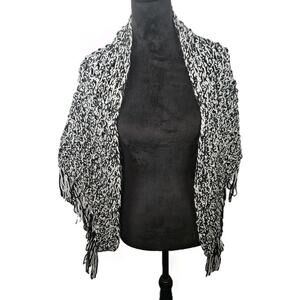 Handmade Knit Sweater Cape One Size Black White Open Front Draped Fringe Hippie
